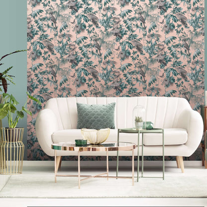 DUTCH WALLCOVERINGS Tapet blad och fåglar  och rosa