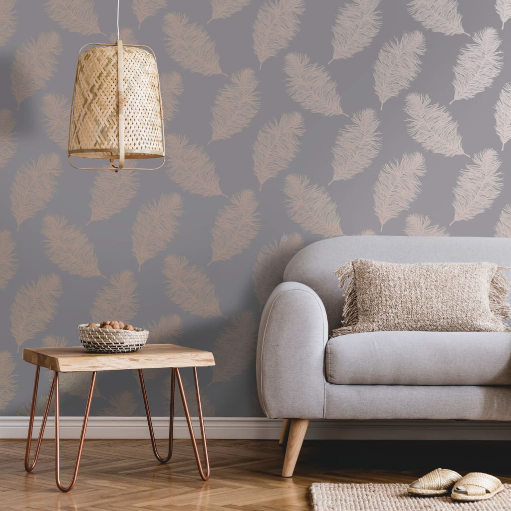 DUTCH WALLCOVERINGS Tapet Fawning Feather grå och roséguld