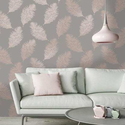 DUTCH WALLCOVERINGS Tapet Fawning Feather grå och roséguld