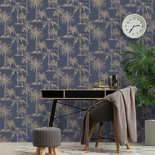 DUTCH WALLCOVERINGS Tapet tropiska träd marinblå och silver