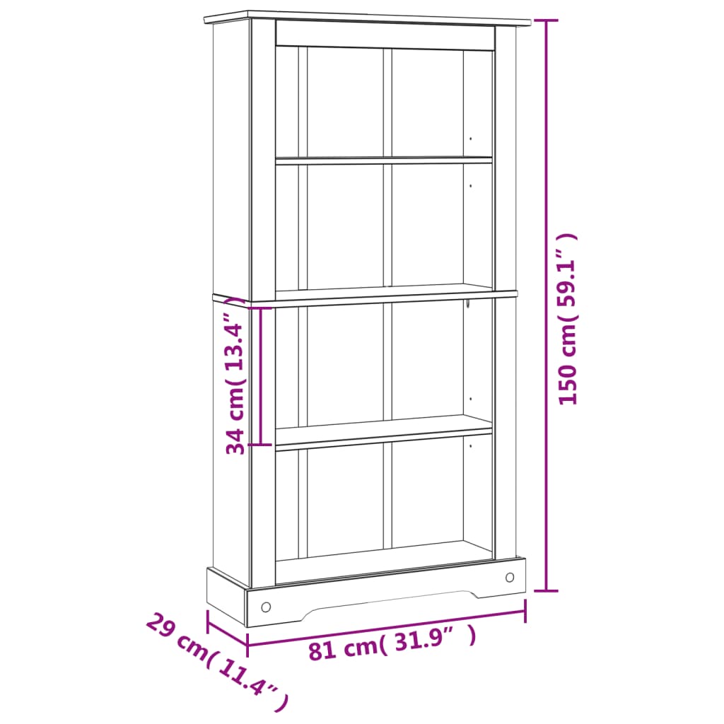 Bokhylla i mexikansk Coronastil med 4 hyllor furu 81x29x150 cm