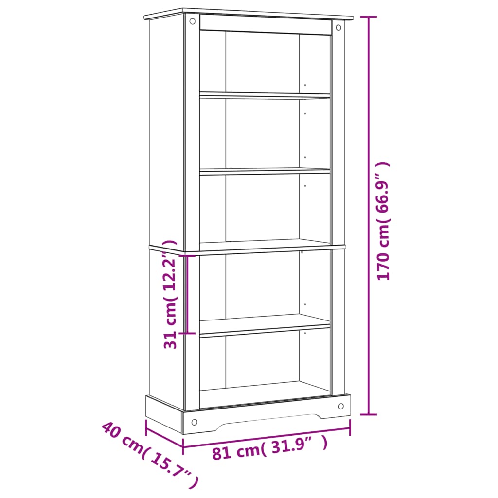 Bokhylla i mexikansk Coronastil med 5 hyllor furu 81x40x170 cm