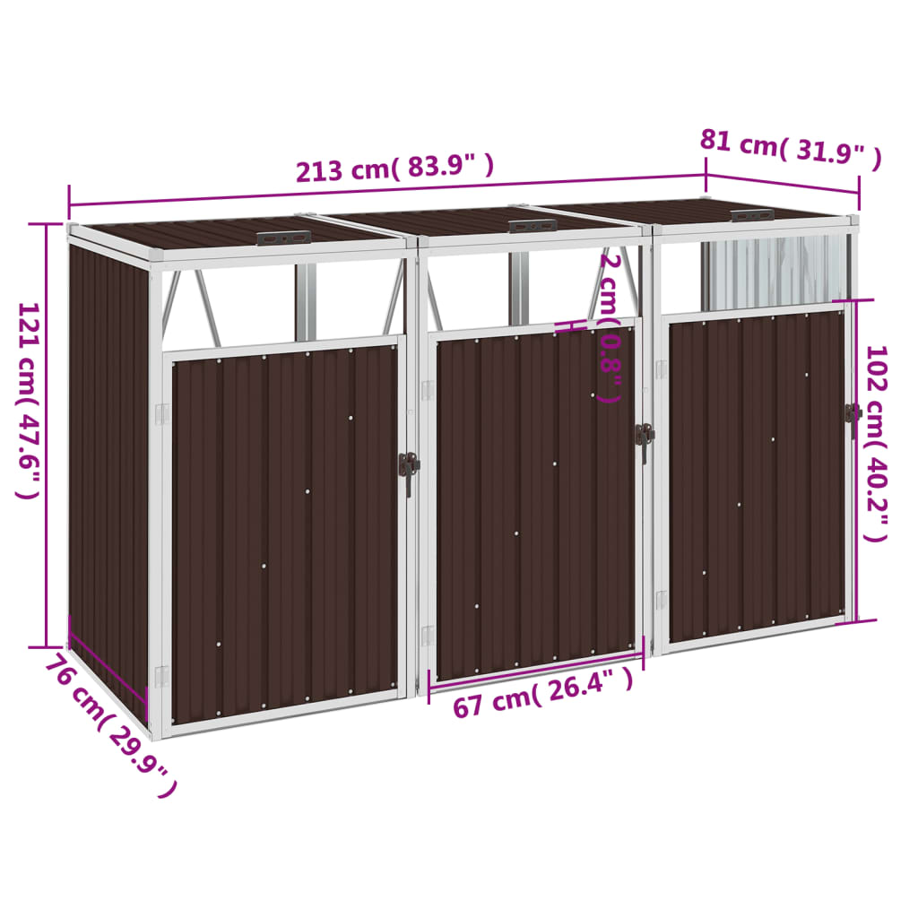 Skjul för tre sopkärl  213x81x121 cm stål