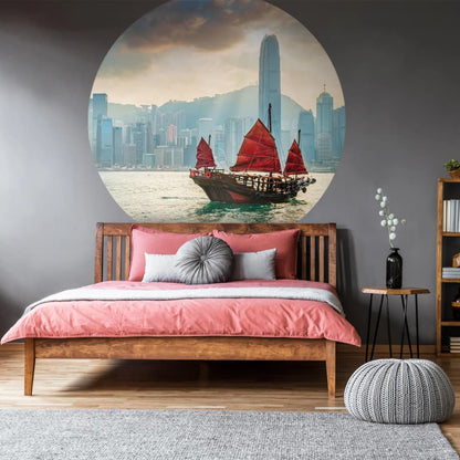 WallArt Tapet cirkelformad Skyline with Junk Boat 190 cm