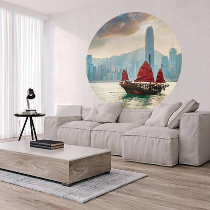 WallArt Tapet cirkelformad Skyline with Junk Boat 190 cm