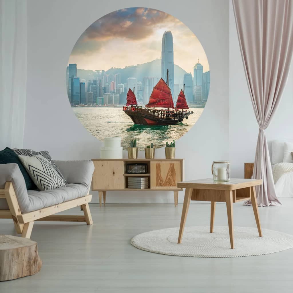 WallArt Tapet cirkelformad Skyline with Junk Boat 190 cm