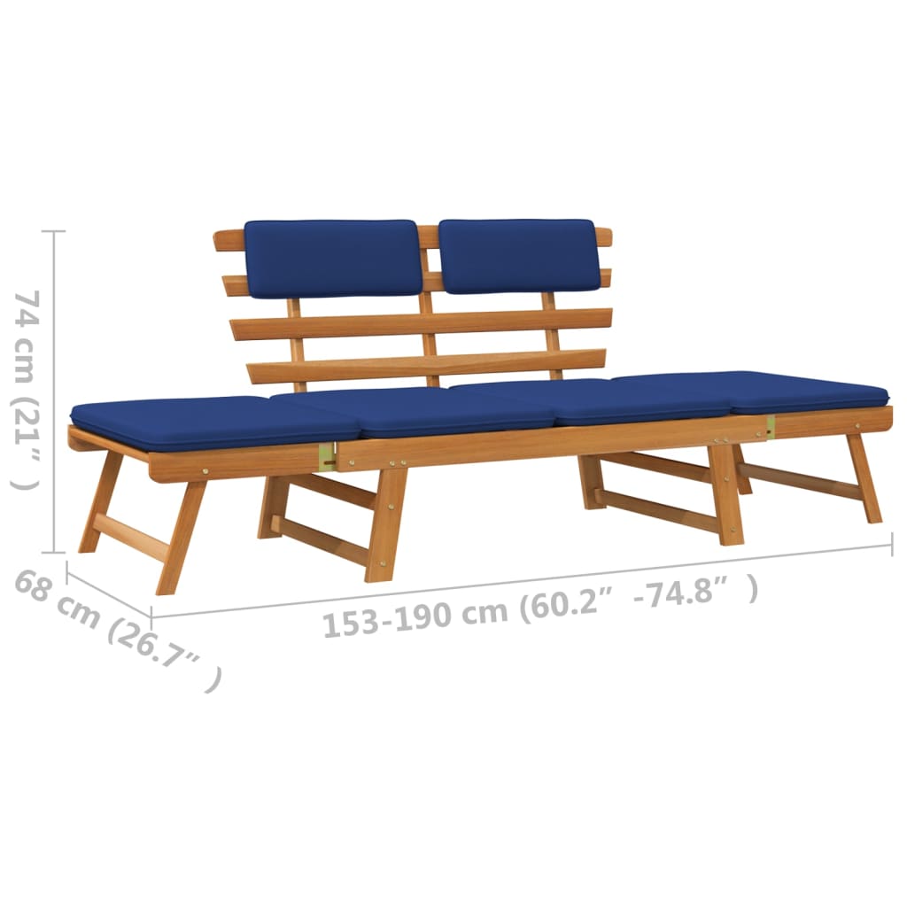 Trädgårdsbänk med dynor 2-i-1 190 cm massivt akaciaträ