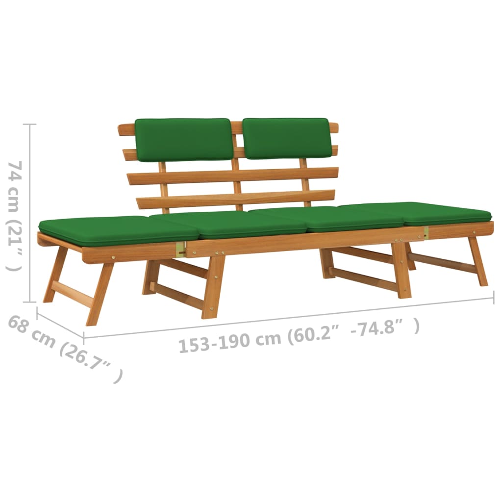 Trädgårdsbänk med dynor 2-i-1 190 cm massivt akaciaträ