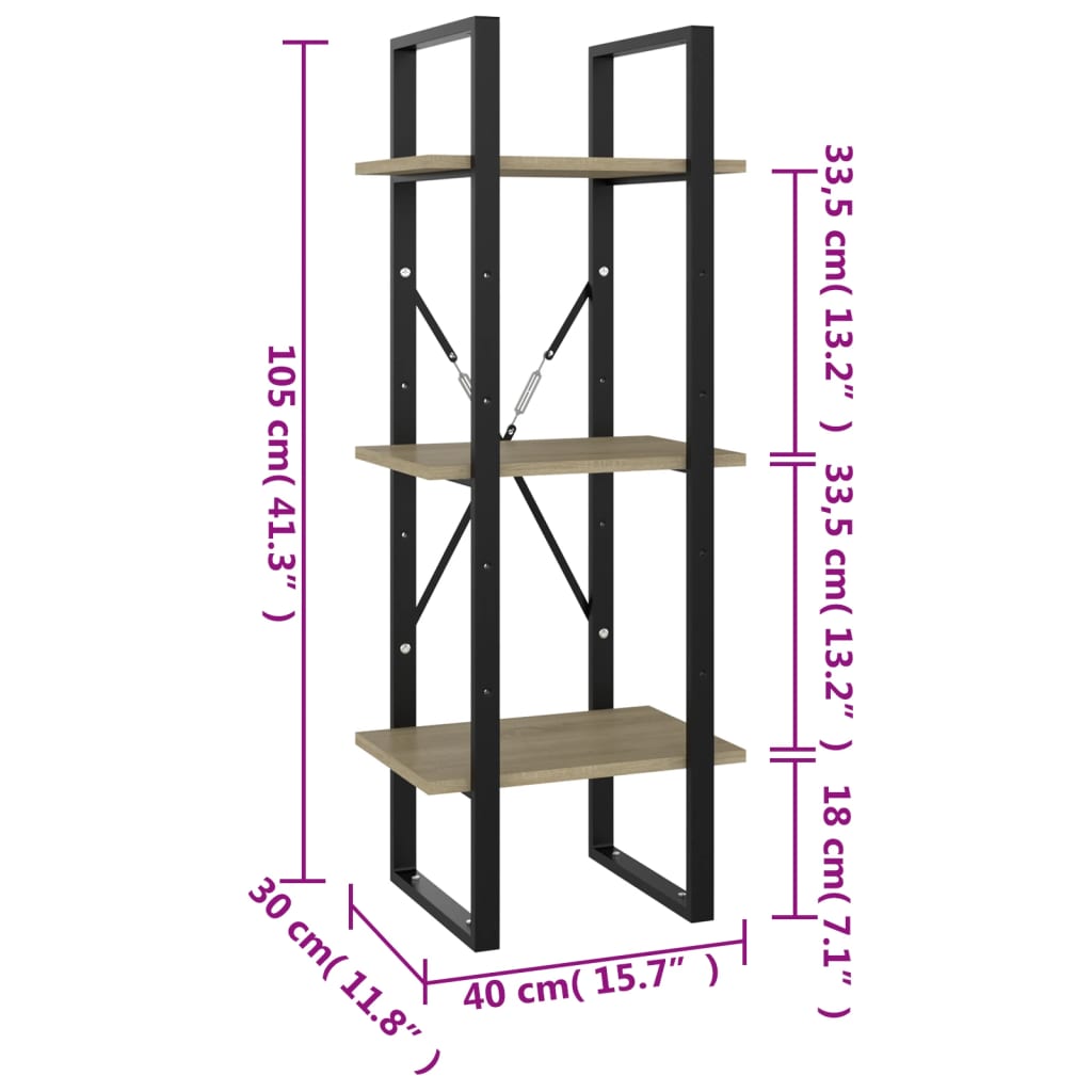 Bokhylla 3 hyllplan sonoma-ek 40x30x105 cm spånskiva