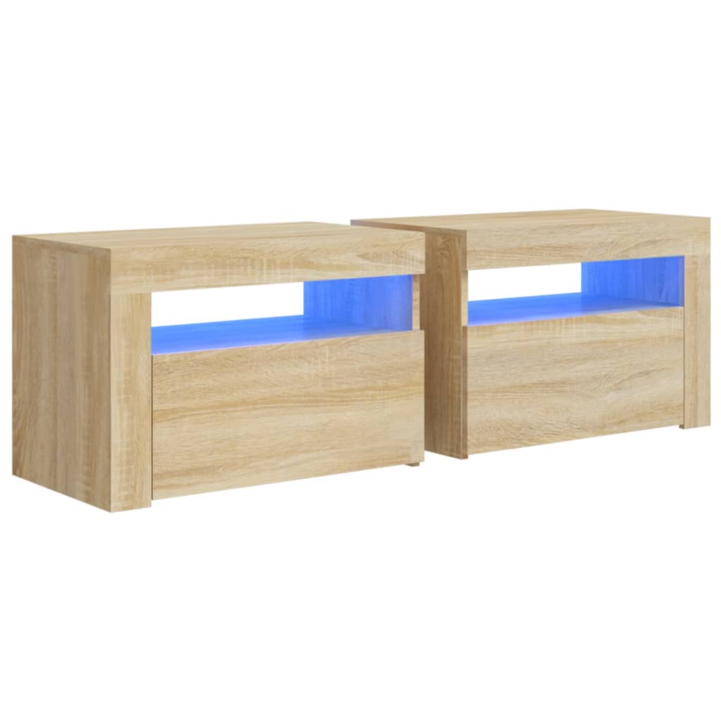 Sängbord 2 st med LED-belysning Sonoma ek 60x35x40 cm