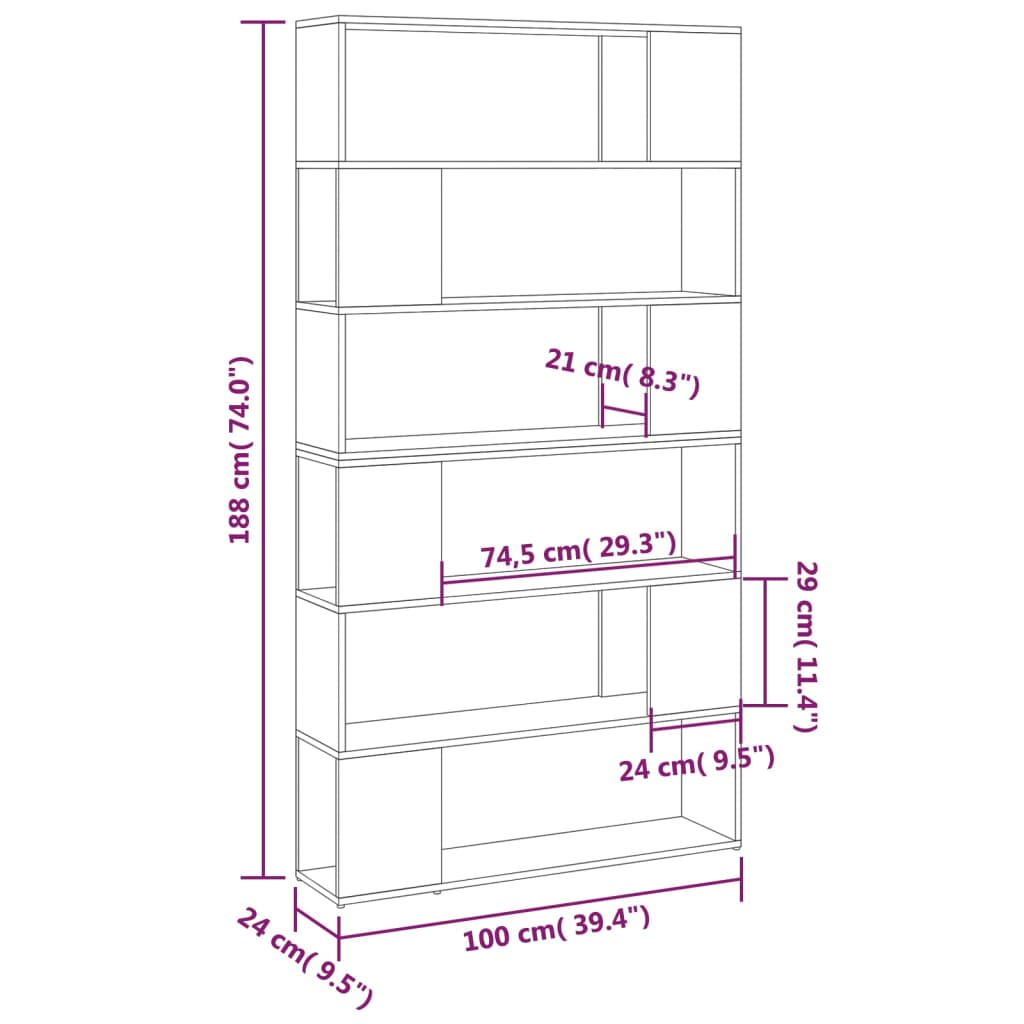 Bokhylla Rumsavdelare sonoma-ek 100x24x188 cm