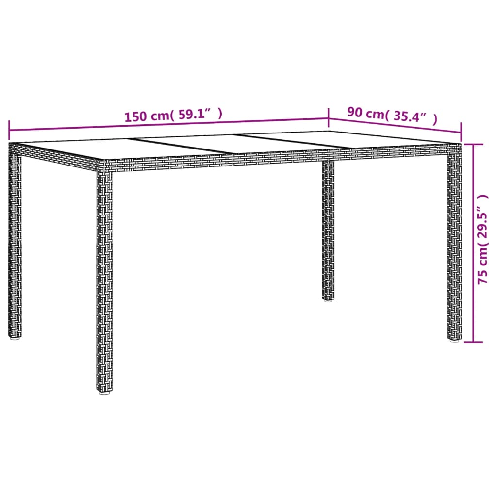 Utebord  190x90x75 cm härdat glas och konstrotting