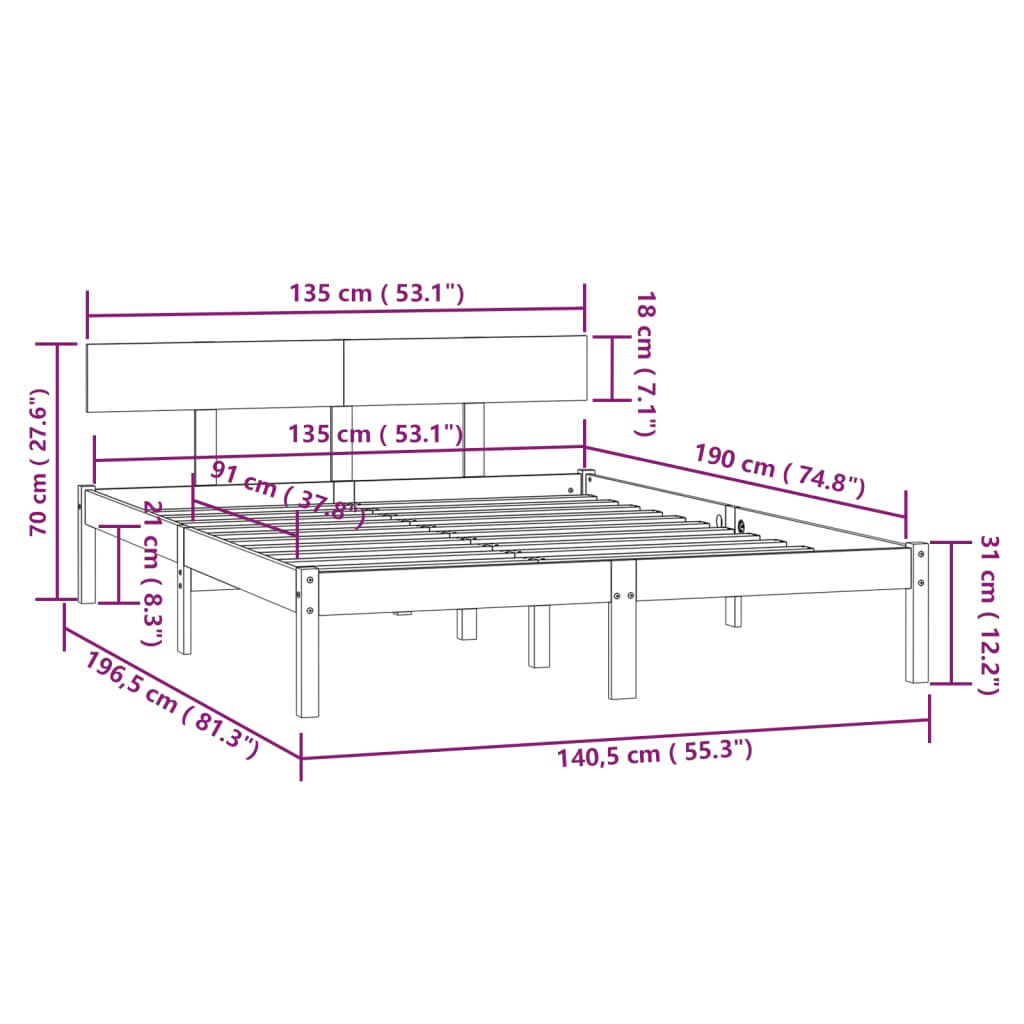 Sängram honungsbrun massiv furu 135x190 cm UK dubbel