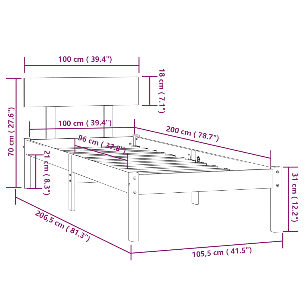 Sängram honungsbrun massiv furu 100x200 cm