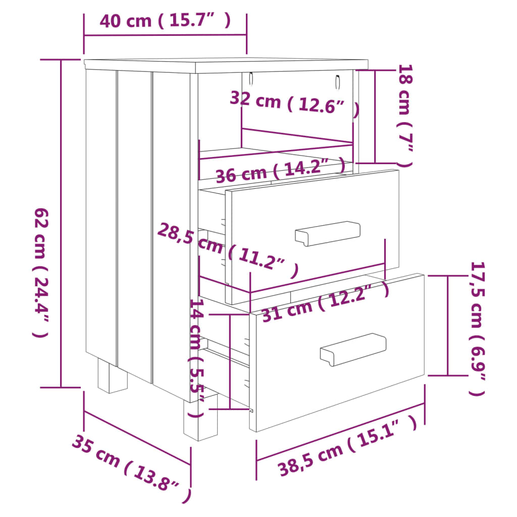 Sängbord HAMAR 2 st honungsbrun 40x35x62 cm massivt trä