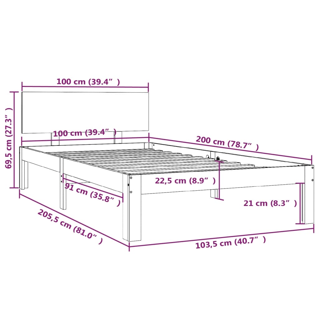 Sängram massiv furu 100x200 cm