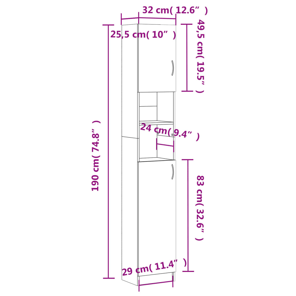 Badrumsskåp rökfärgad ek 32x25,5x190 cm konstruerat trä