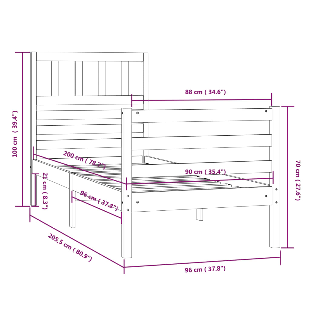 Sängram honungsbrun massivt trä 90x200 cm enkelsäng - Möbelfabriken