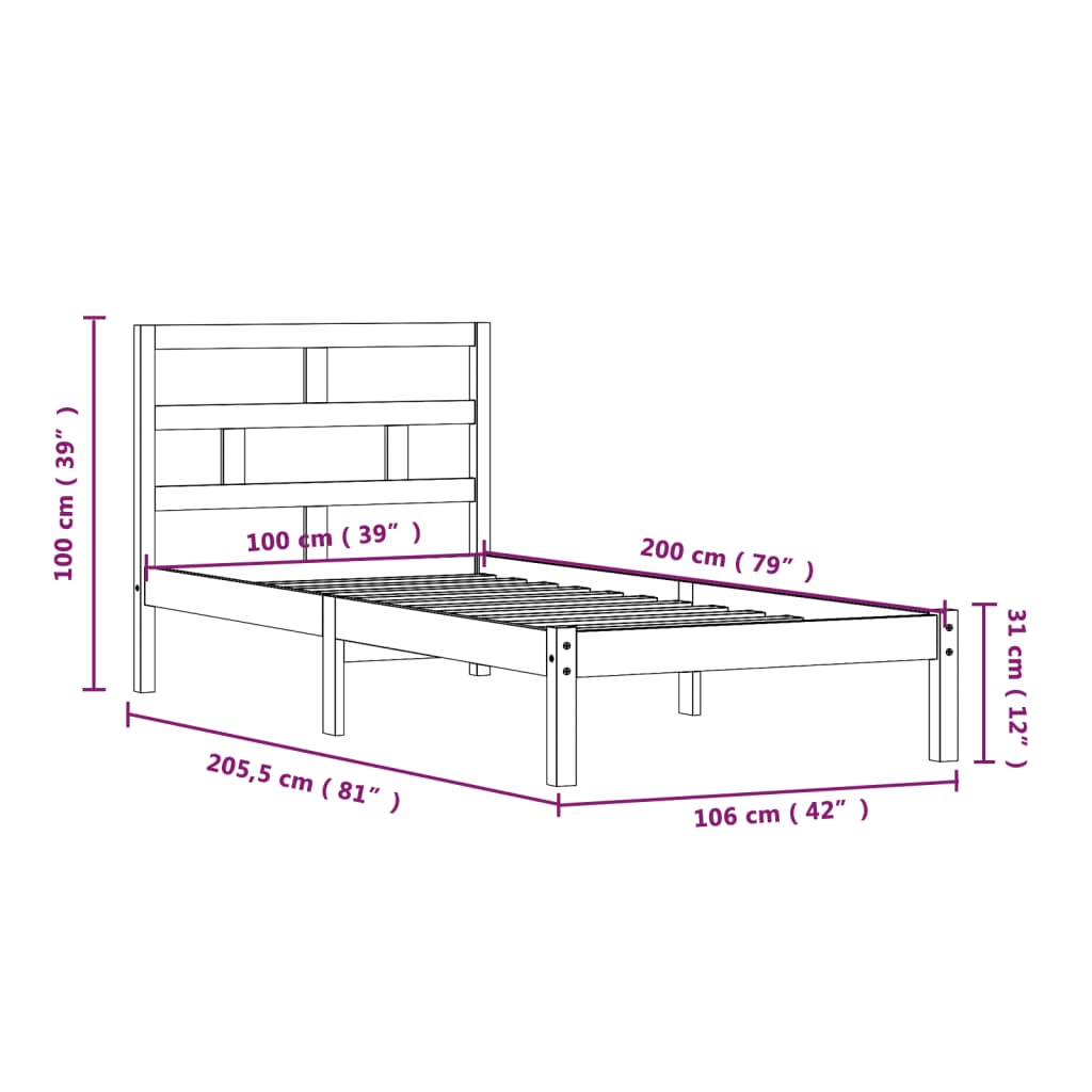 Sängram massiv furu 100x200 cm