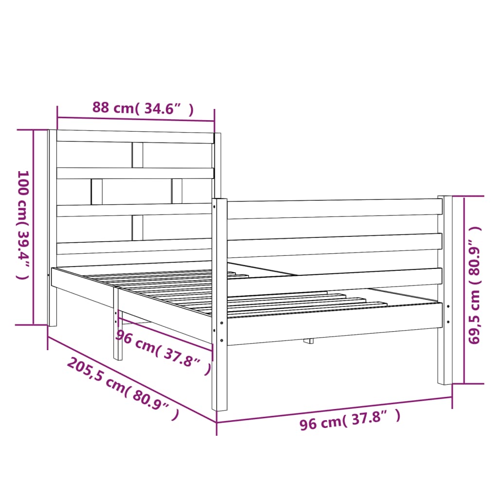 Sängram honungsbrun massiv furu 90x200 cm enkelsäng