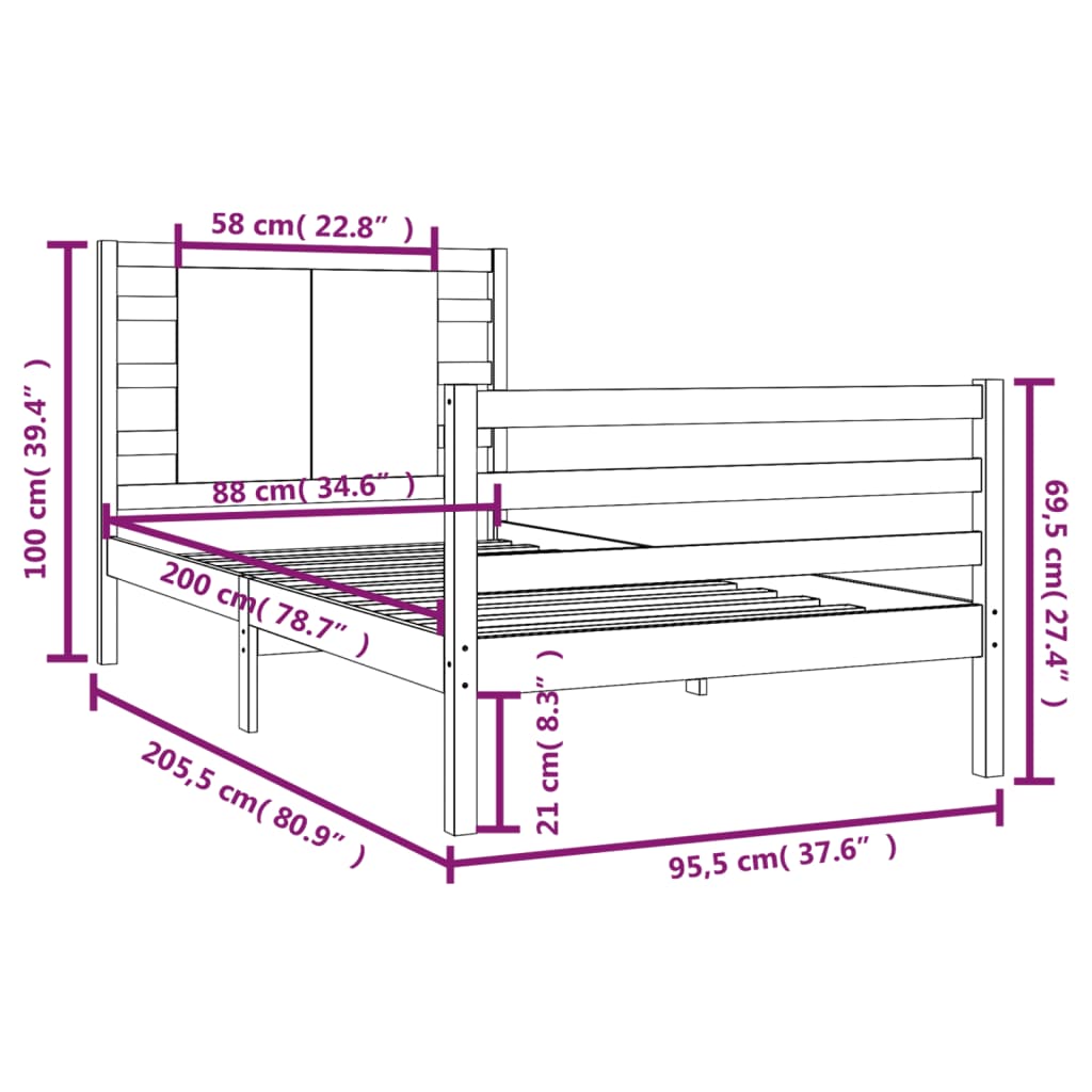 Sängram honungsbrun massiv furu 90x200 cm enkelsäng