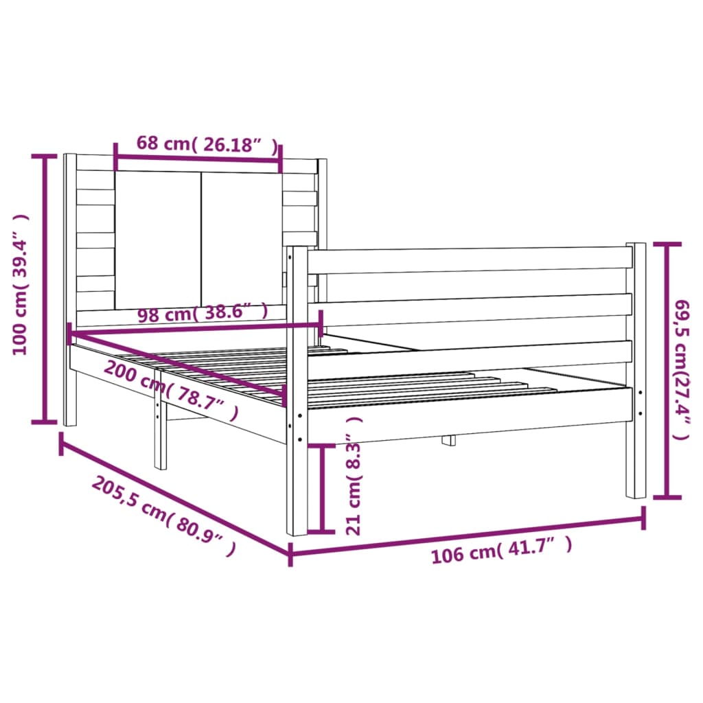 Sängram massiv furu 100x200 cm