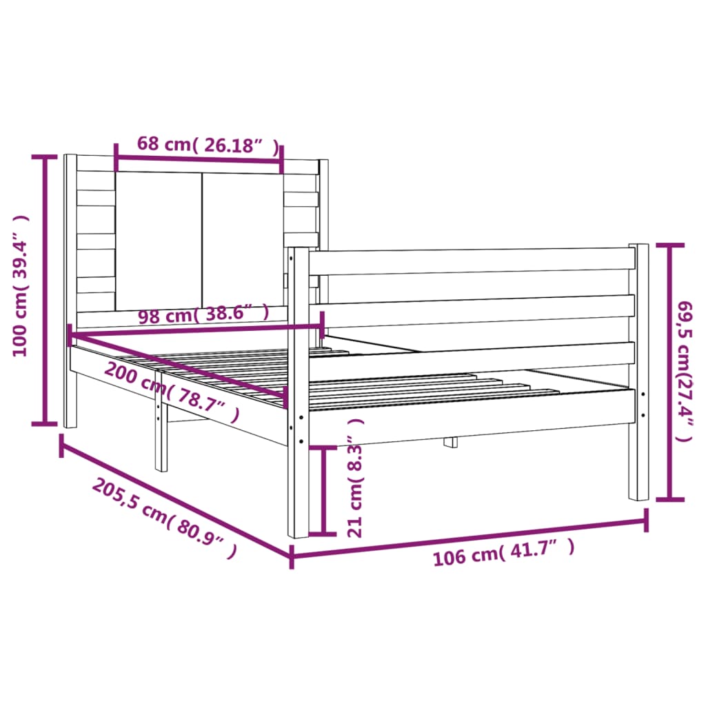 Sängram  massiv furu 100x200 cm