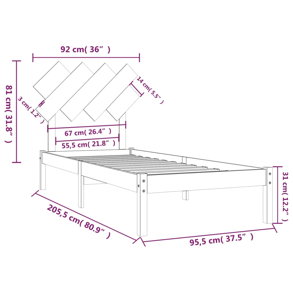 Sängram 90x200 cm massivt trä