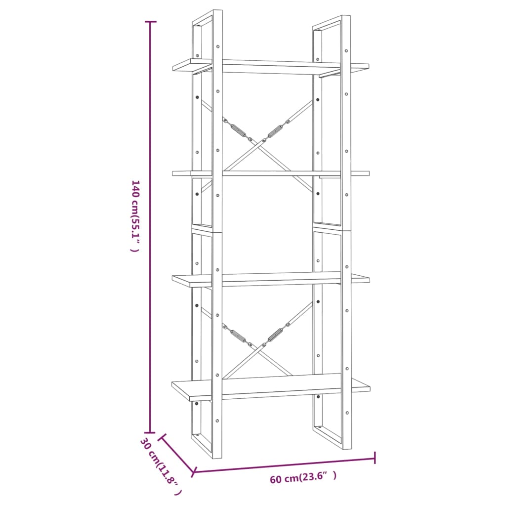 Bokhylla 4 hyllor rökfärgad ek 60x30x140 cm konstruerat trä