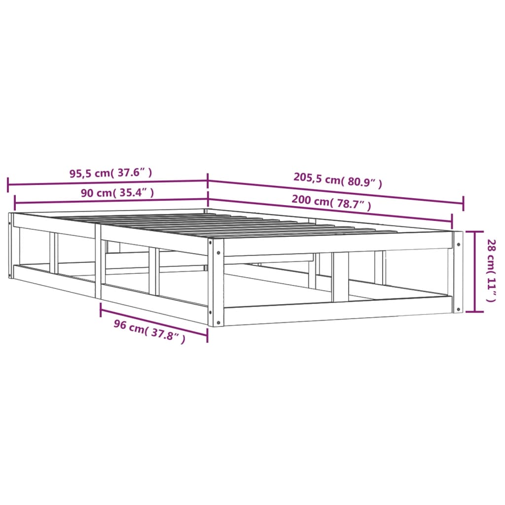 Sängram 90x200 cm massivt trä