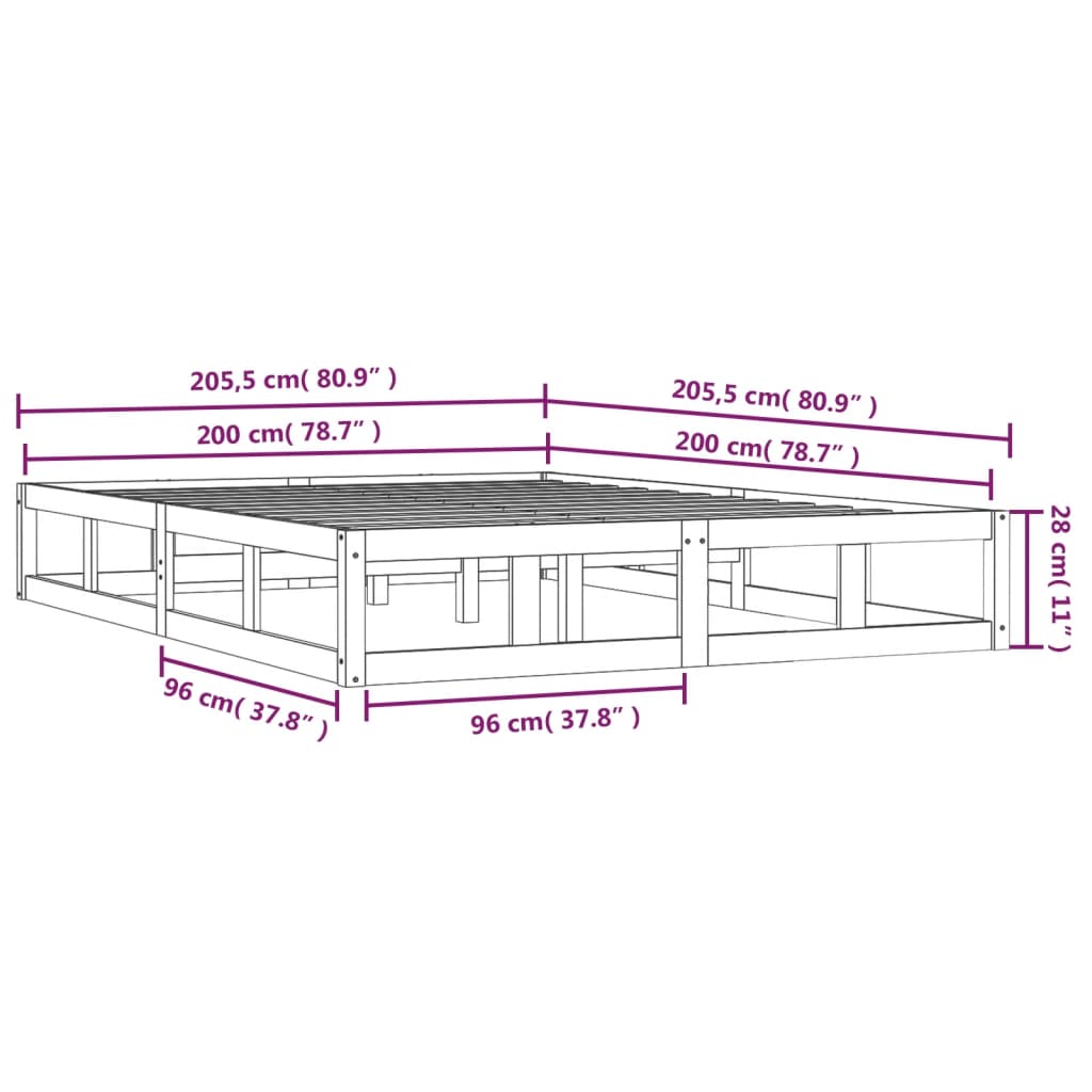 Sängram LED honungsbrun 200x200 cm massivt trä