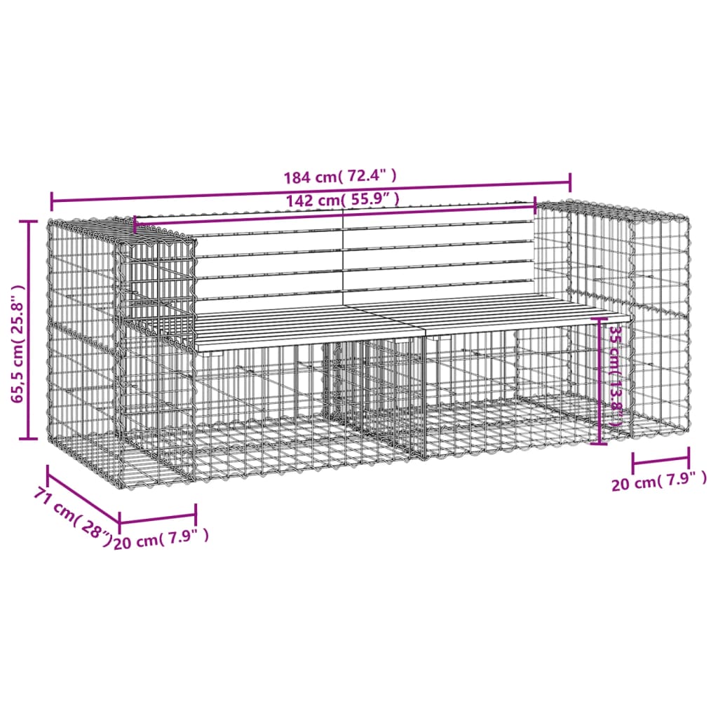 Trädgårdsbänk gabiondesign 184x71x65,5 cm massiv furu