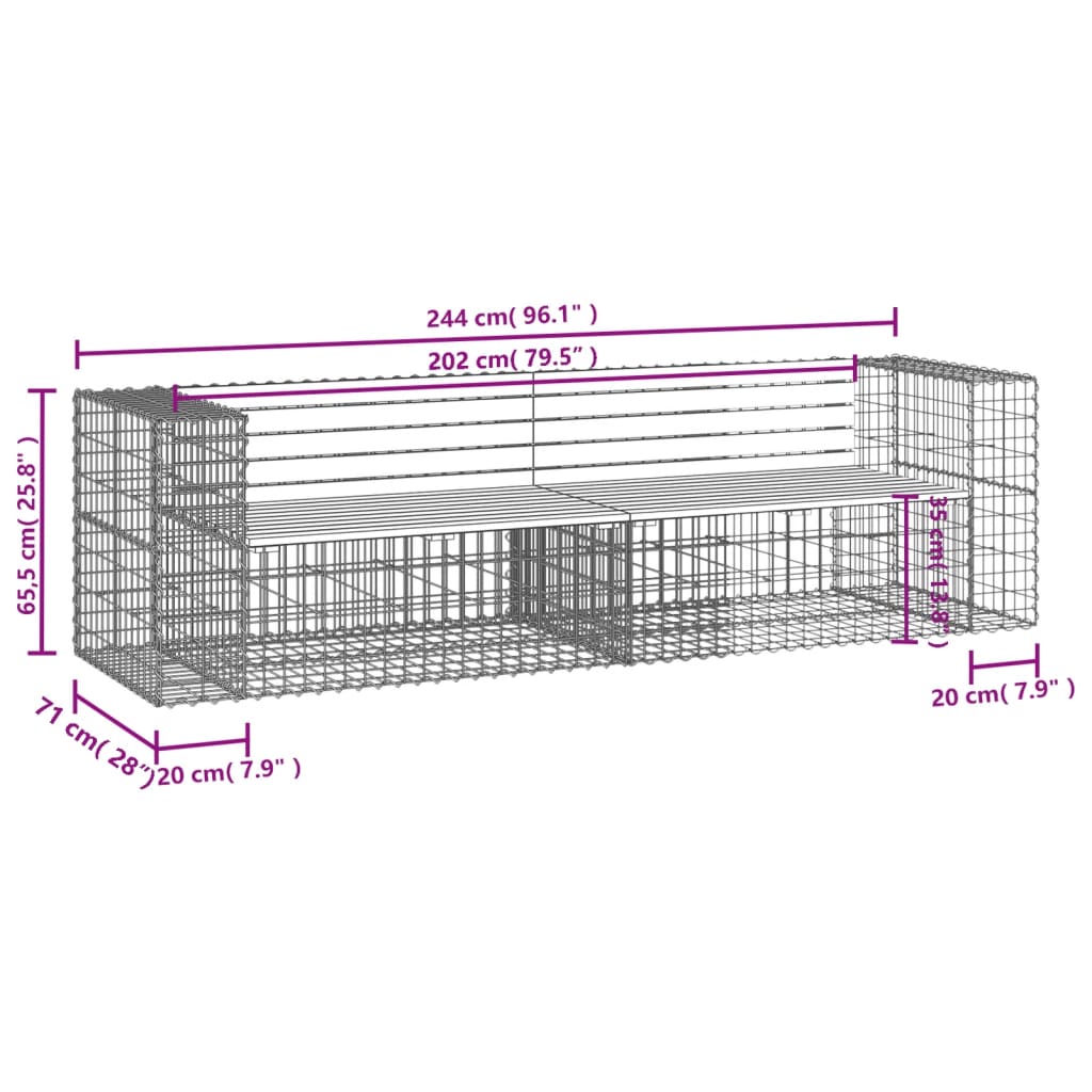 Trädgårdsbänk gabiondesign 244x71x65,5 cm massiv furu