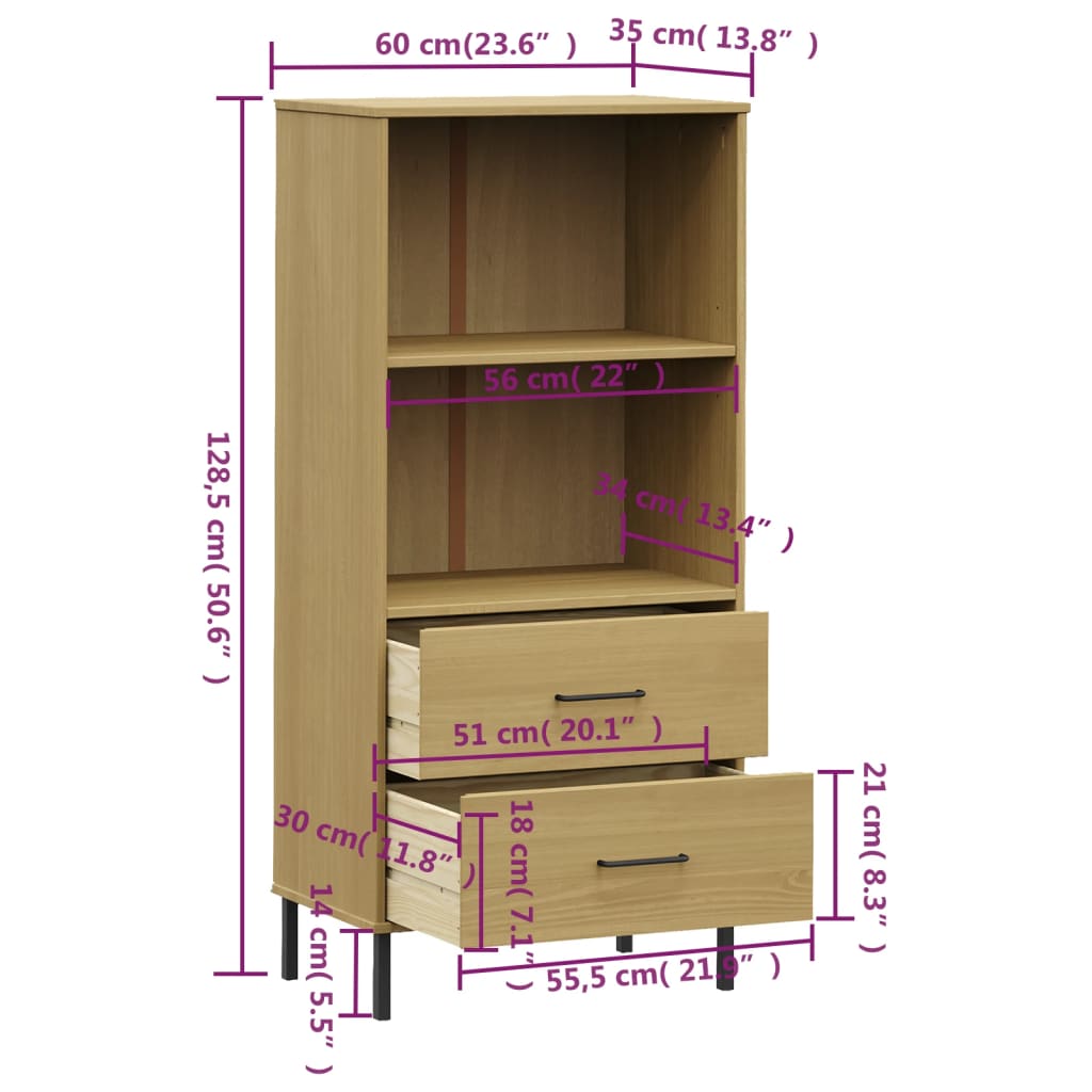 Bokhylla med 2 lådor OSLO  60x35x128,5 cm massivt trä - Möbelfabriken