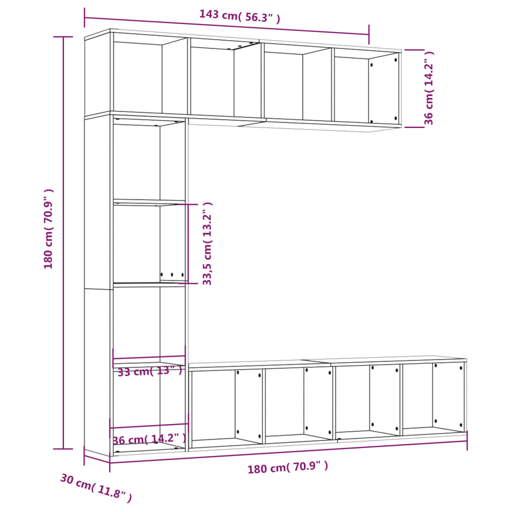 Bokhylla/TV-bänk 3 delar set Rökfärgad ek 180x30x180 cm