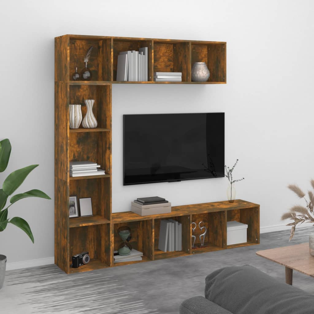 Bokhylla/TV-bänk 3 delar set Rökfärgad ek 180x30x180 cm