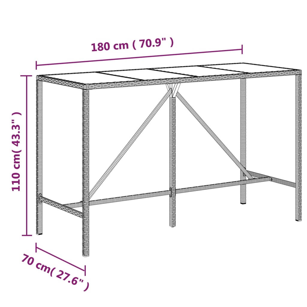 Barbord med glasskiva  110x70x110 cm konstrotting