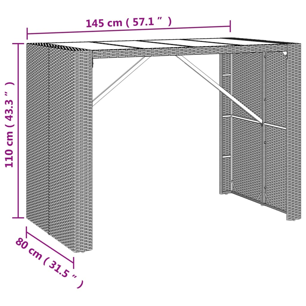 Barbord med glasskiva  110x70x110 cm konstrotting