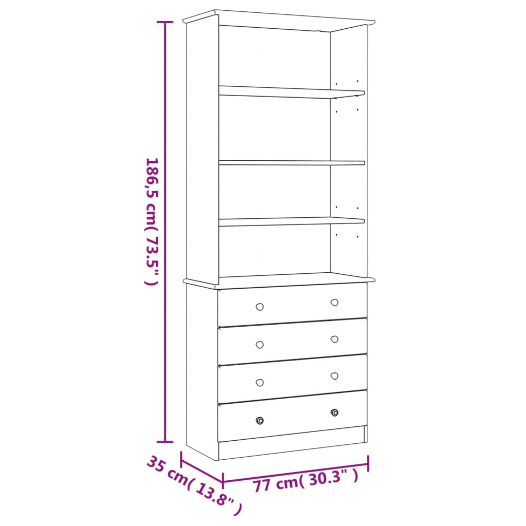 Bokhylla med lådor ALTA 77x35x186,5 cm massiv furu - Möbelfabriken