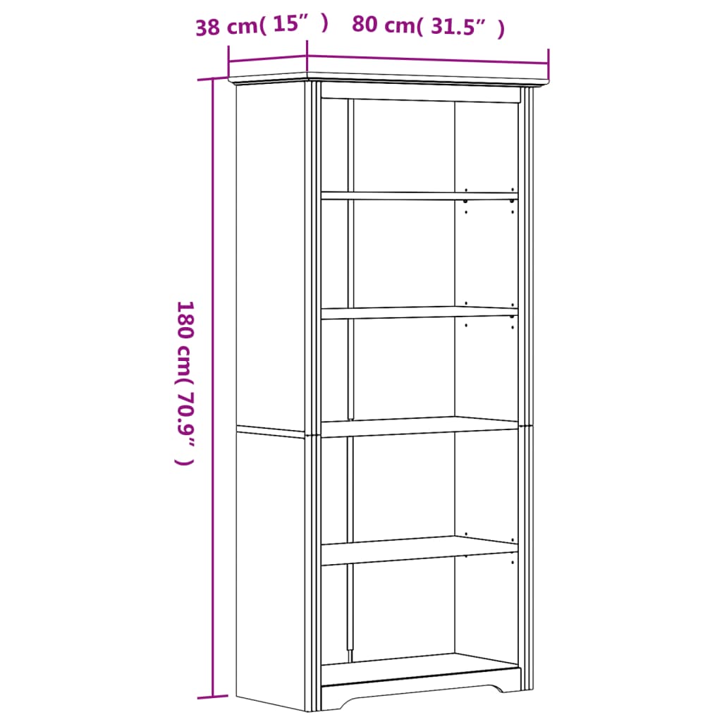 Bokhylla BODO  80x38x180 cm massiv furu 5 hyllplan