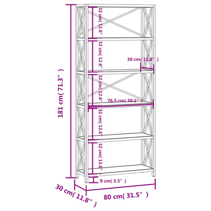 Bokhylla med 6 hyllplan 80x30x181 cm massiv ek