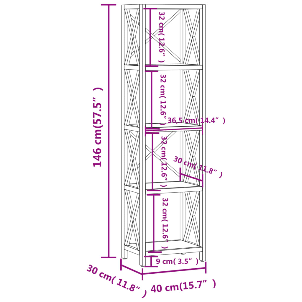 Bokhylla med 5 hyllplan 40x30x146 cm massiv ek