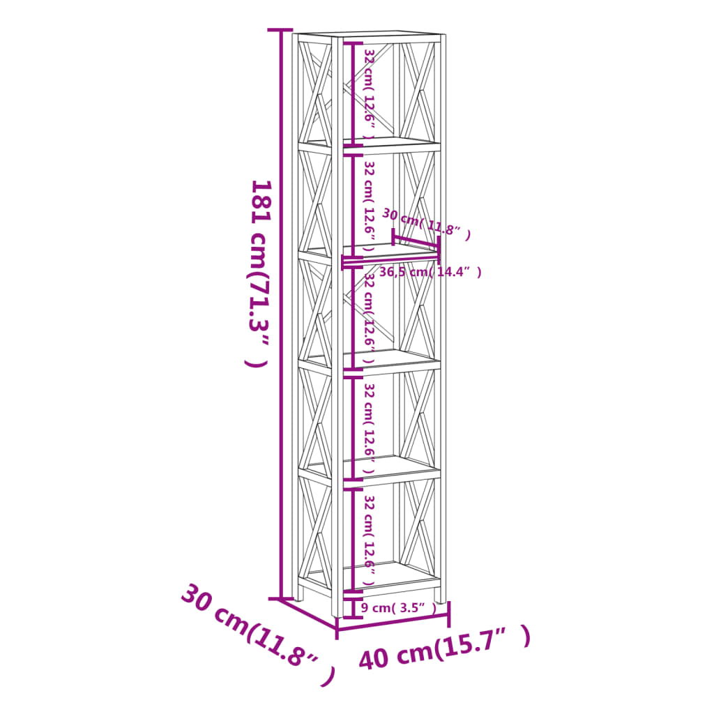 Bokhylla med 6 hyllplan 40x30x181 cm massiv ek