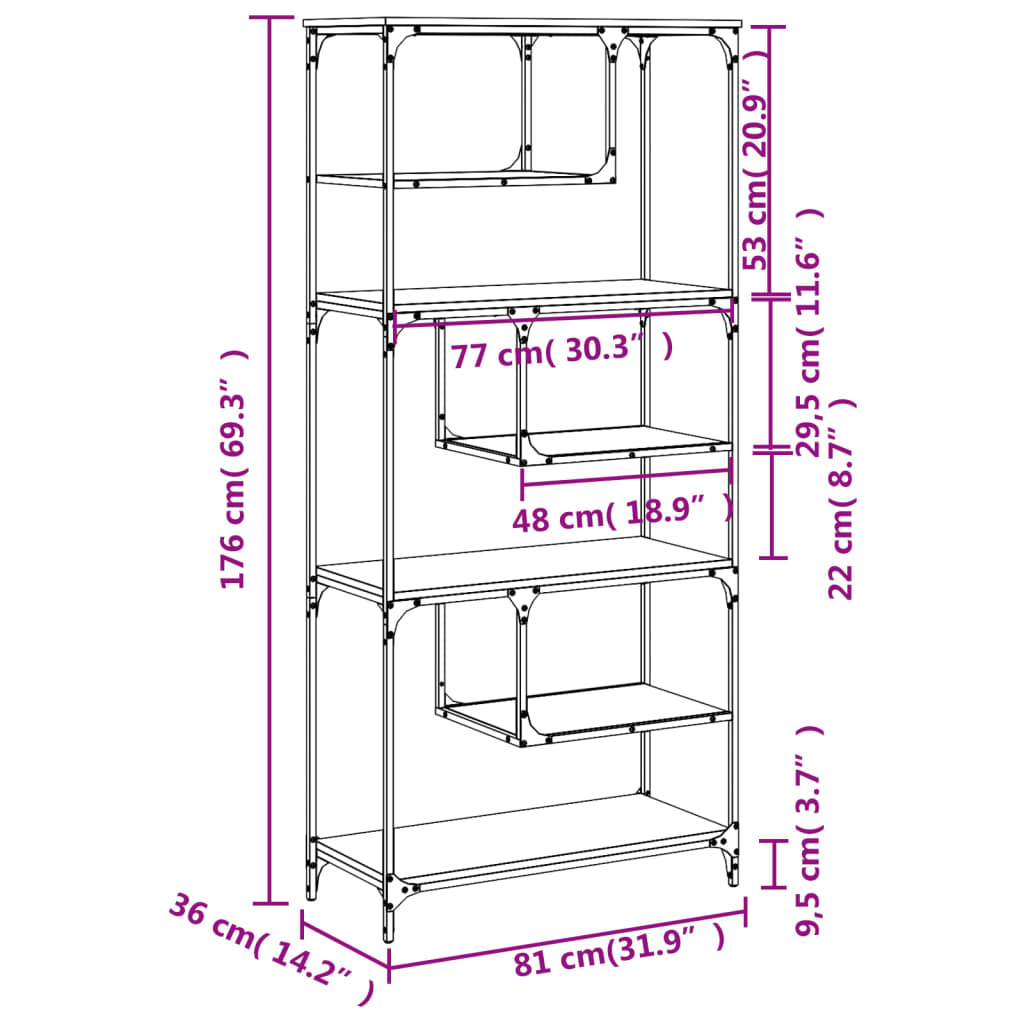 Bokhylla  ek 81x36x176 cm konstruerat trä