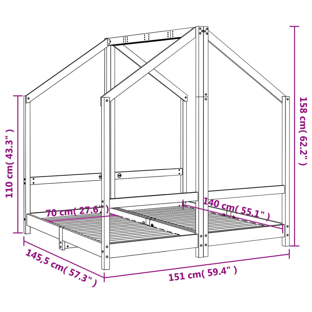 Sängram för barnsäng 2x(90x200) cm massiv furu