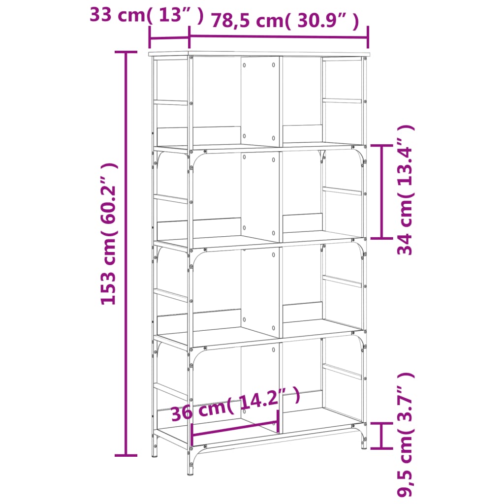 Bokhylla sonoma-ek 78,5x33x153 cm konstruerat trä