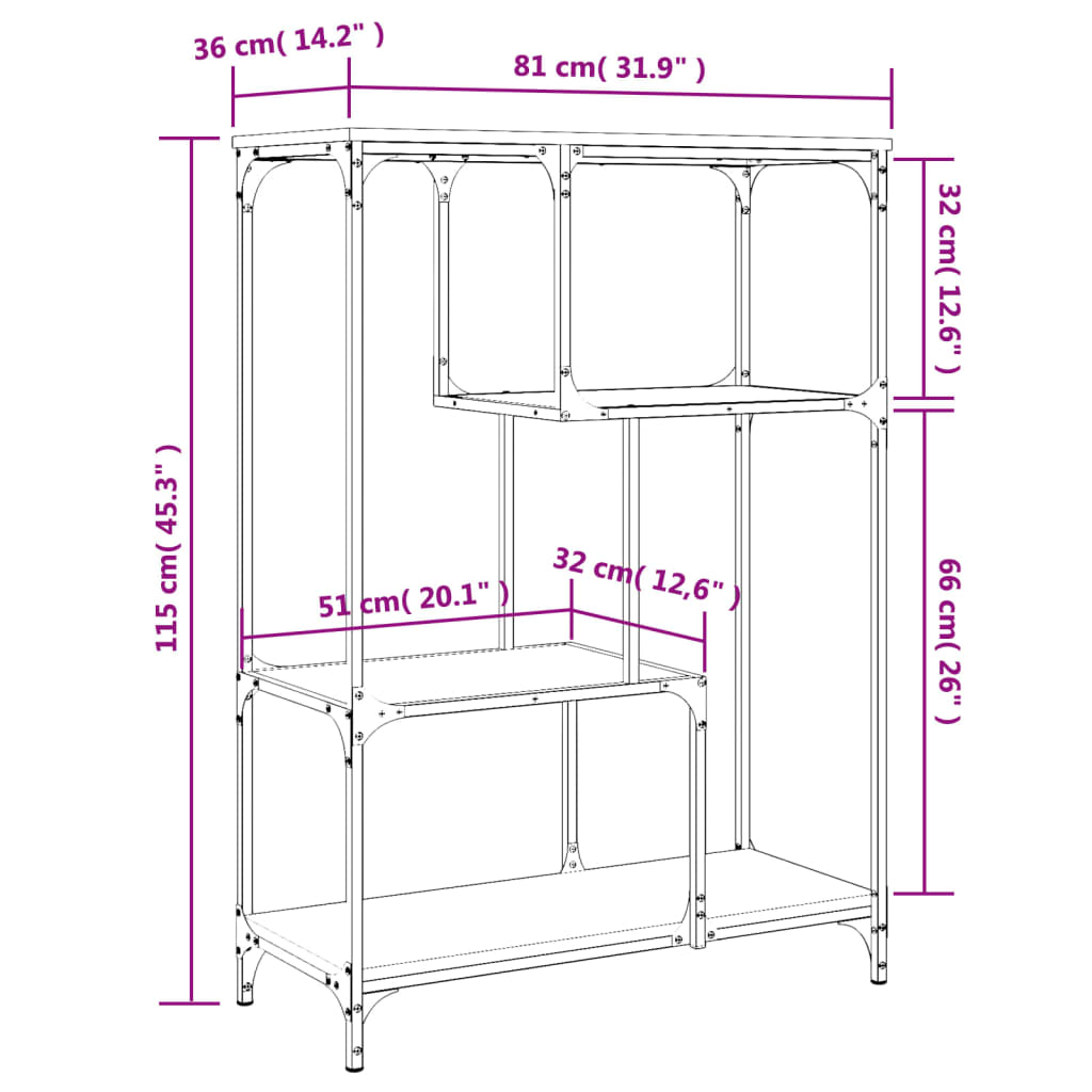 Bokhylla  ek 81x36x115 cm konstruerat trä och stål