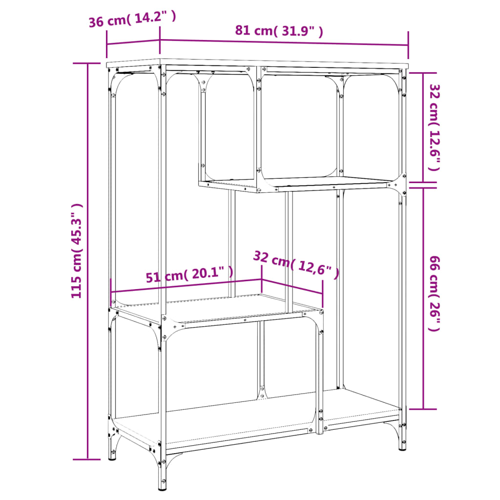 Bokhylla  ek 81x36x115 cm konstruerat trä och stål