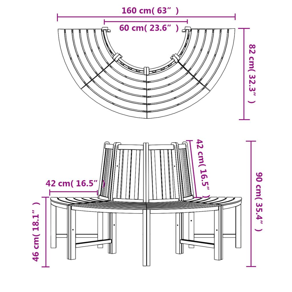 Trädbänk 2 st halvrund Ø160 cm massiv teak