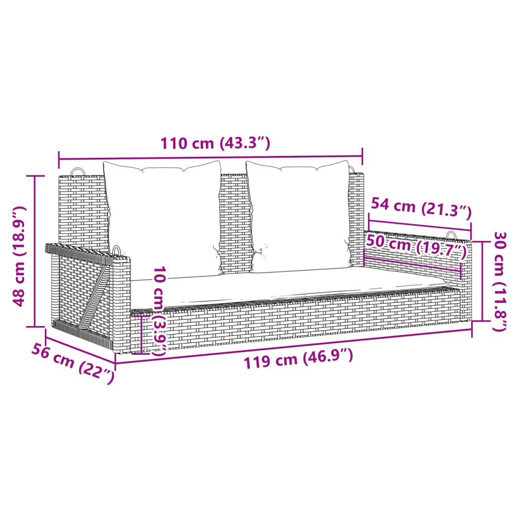 Gungbänk med dynor  119x56x48 cm konstrotting